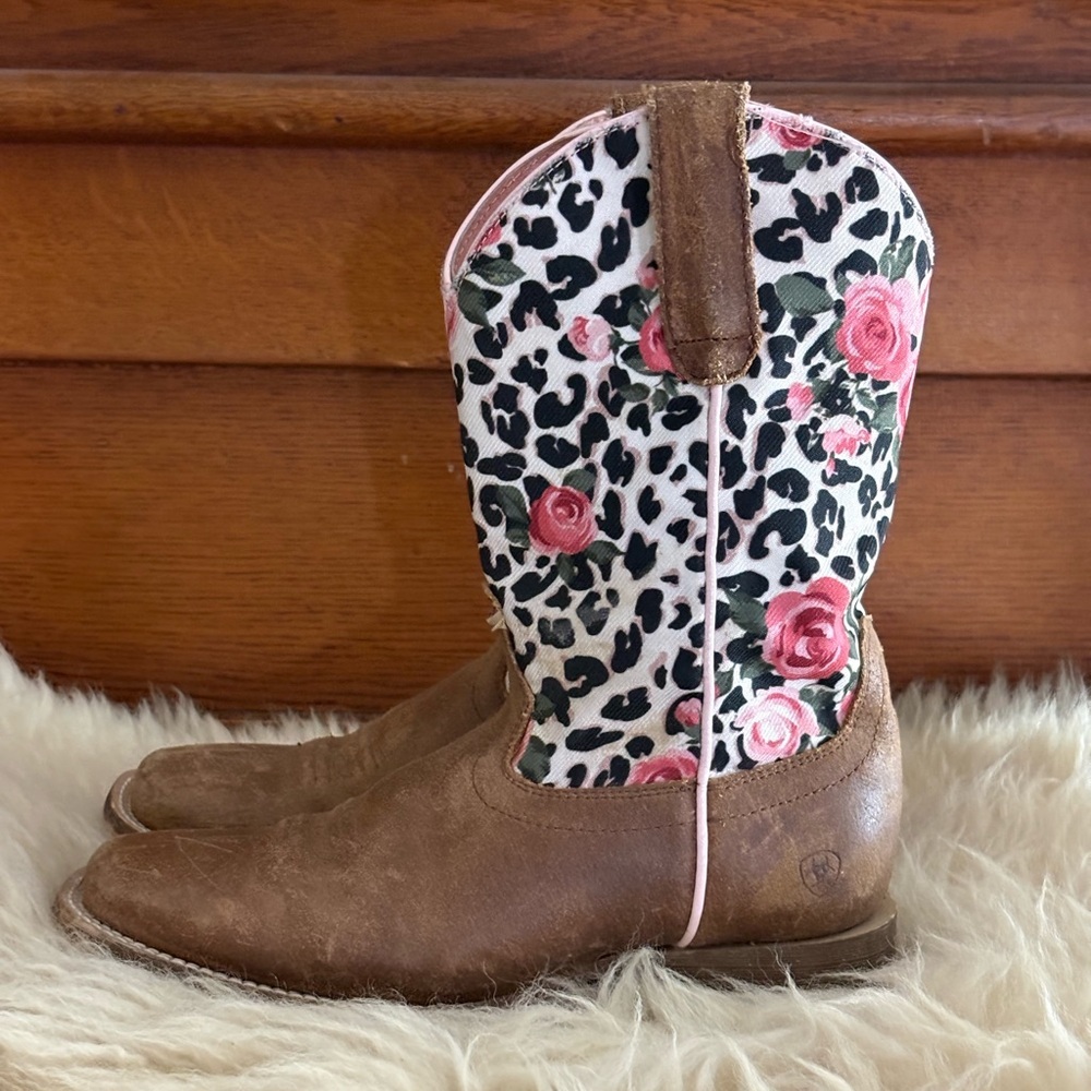 Ariat Kids Gringa Toddler Western Brown Leather Leopard and Rose Print Boots